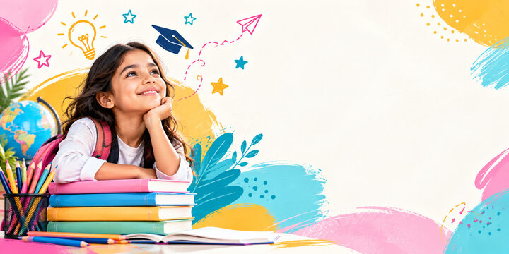 Happy School Girl With Books Education Banner Background