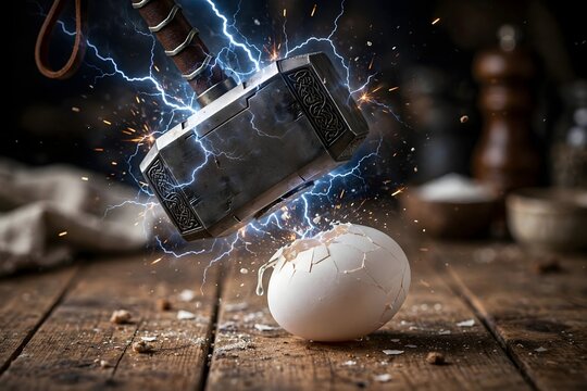 Mighty Viking Hammer Smashing a White Egg with Lightning Sparks on Wooden Table - Humorous Exaggeration Concept
