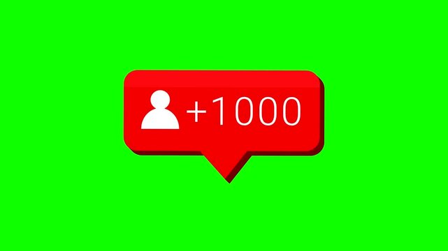 Social media follower notification icon with plus one thousand counter on green screen background