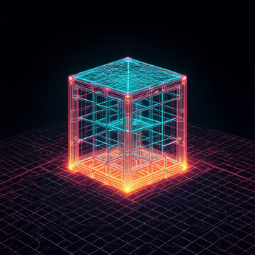 Radiant neon teal and coral orange wireframe tesseract hypercube on cyber grid
