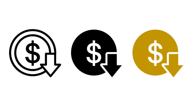 Money savings coin icon with downward arrow indicating financial depreciation