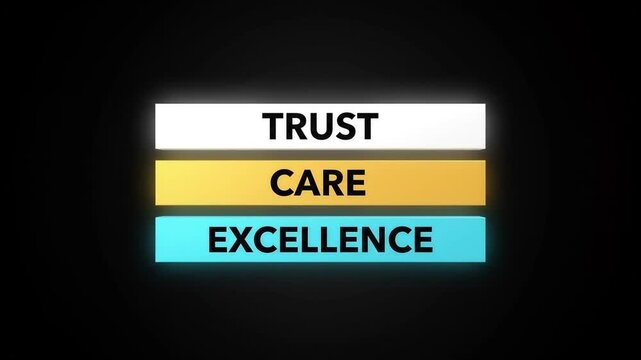Core values of trust care and excellence layered into horizontal bars on dark background, business concept for success and growth, modern graphic presentation.