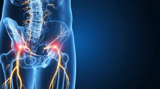 Sciatic nerve pathway inflammation highlighted in blue body x-ray with red pain spots on hip joints and legs showing neural signals flowing, scientific medical animation.
