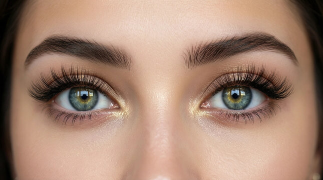 Close-up of a woman's eyes with long lashes and golden shimmer makeup, capturing a calm and focused expression.