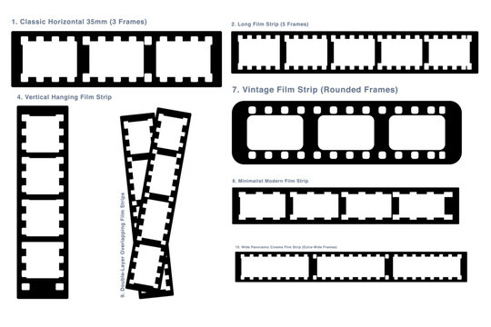 Film Strip Vector Collection, Editable Movie Film Frames, Cinematic Reel Borders, Retro Cinema Elements, Photography and Video Production Graphics, Motion Picture Storytelling Templates and Design Ass