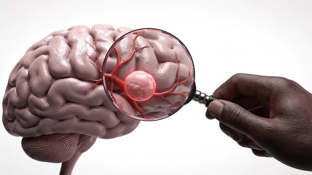 Magnifying glass examines human brain revealing artery with aneurysm, medical research and diagnosis concept.