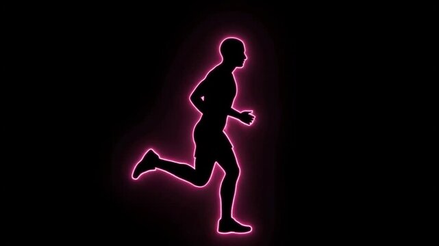 Silhouette runner in neon pink outline moves with dynamic motion on black background, athletic man training for competition, fitness concept.