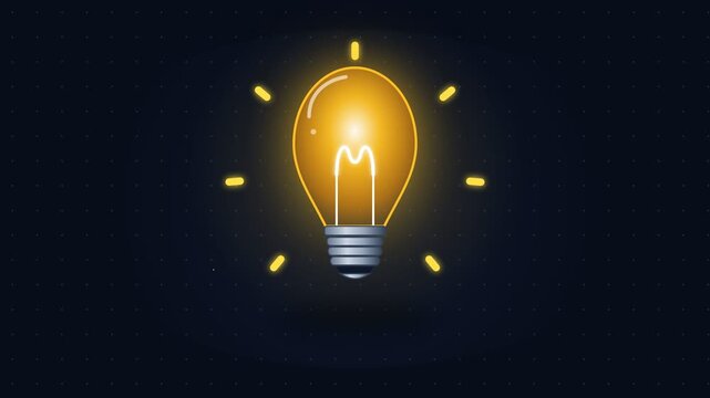 Animated incandescent light bulb graphic appearing and glowing vibrantly, symbolizing a new idea or innovation, concept of inspiration and creativity, for business presentations and technology themes