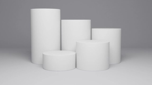 3D animation video of five tier multi level white product display podiums with curved studio backdrop for cosmetics and collection showcase