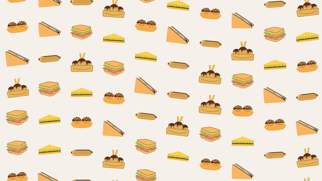 Cartoon food pattern with sandwiches and hot dogs
