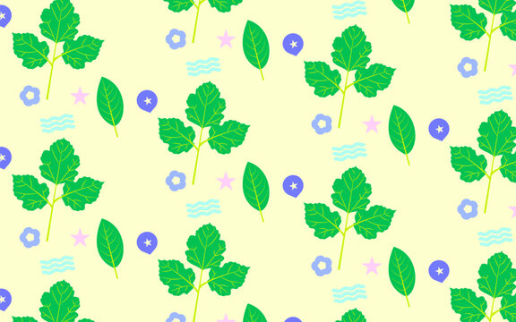Fresh botanical seamless pattern featuring green leaves, flowers, stars, and playful shapes on a soft cream background, ideal for fabric, wallpaper, packaging, stationery, and textile design.