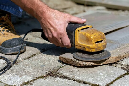 Hand using angle grinder on wood