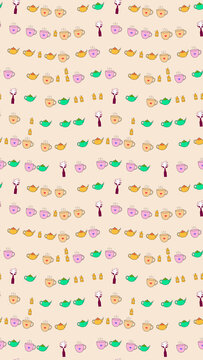 Seamless pattern of teapots, cups, bottles and abstract figures