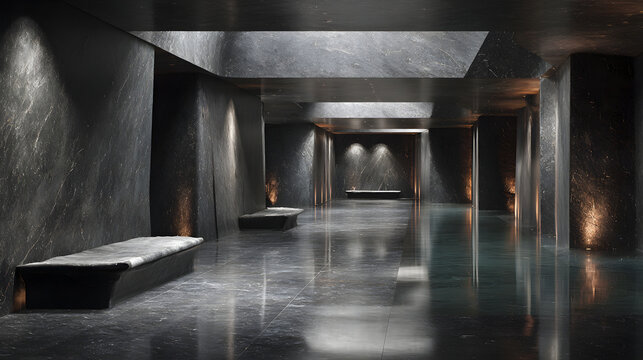Quiet luxury underground wellness spa powered by ab f calm subterranean marble pool area with recessed skylights and minimal benches creating serene ambient lighting