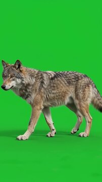Gray wolf walks forward with tail wagging on a bright green screen background with soft shadow, full body shot, cinematic footage.