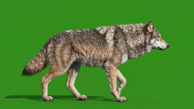 Majestic gray wolf walks across green screen background, side view, realistic animation, full body shot.