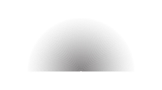 Halftone semicircle with radial dots. Black dotted half circle fading from center to edge, rising sun shape, sunrise dome, abstract fan gradient design element isolated on white. Vector