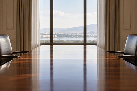 empty boardroom overlooks a wide coastal landscape