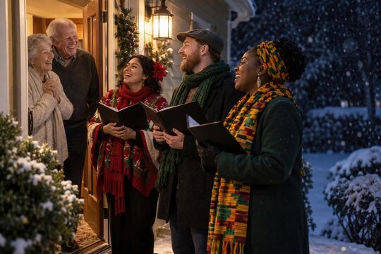 Diverse group of carolers with songbooks singing christmas songs at door of smiling senior couple on snowy winter evening