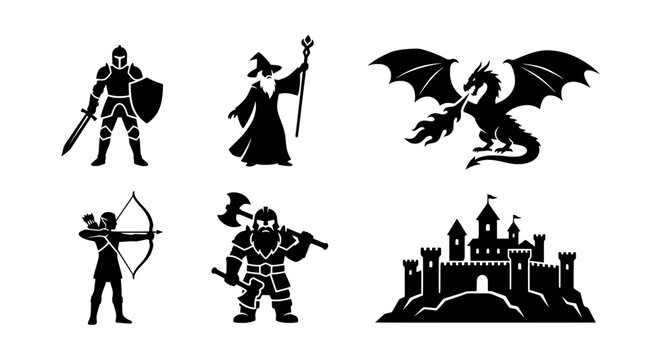 Fantasy silhouettes set with knight, elf archer, wizard, dwarf warrior, dragon and castle for game or story