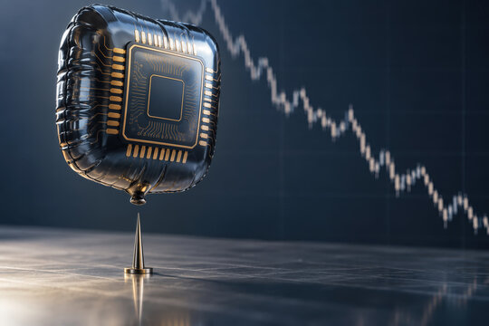 Semiconductor chip balloon hovering over sharp pin on financial desk symbolizing AI market boom versus bubble jitters with downward stock chart and market fragility