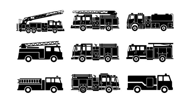 Fire truck silhouettes set with ladder, pumper, and rescue vehicles for emergency services logo