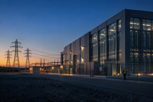 Hyperscale data center exterior at dusk with high-voltage power grid and maintenance worker silhouette highlighting AI electricity demand and energy infrastructure capacity tension