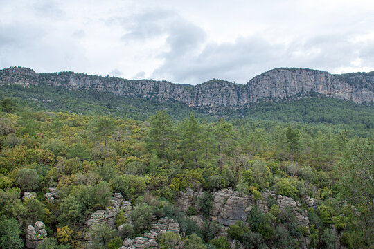 he image shows the rugged rocky cliffs and green forests of K&ouml;pr&uuml;l&uuml; Canyon National Park (specifically near Tazı Canyon) in Manavgat, Antalya, T&uuml;rkiye.