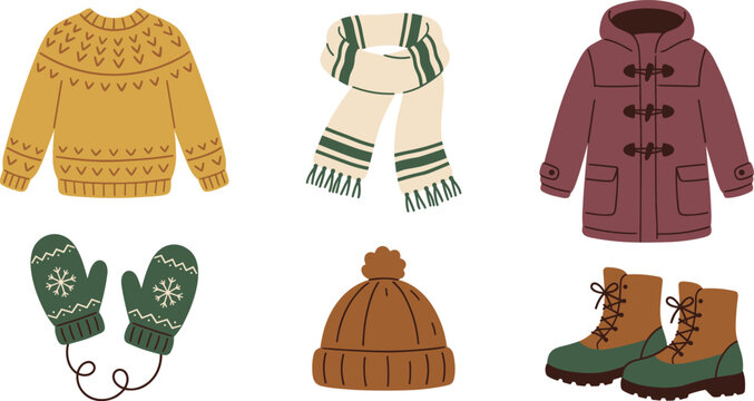 Cozy winter clothing items collection features essential cold weather apparel, including a warm sweater, scarf, coat, mittens, beanie, and sturdy boots, perfect for chilly days.