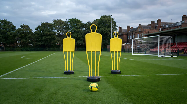 Professional soccer training pitch with dummies and ball for practice sessions