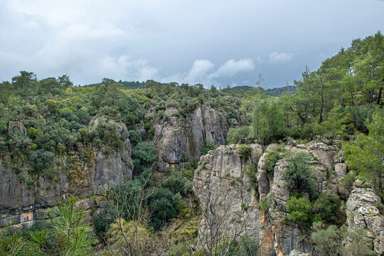 he image shows the rugged rocky cliffs and green forests of K&ouml;pr&uuml;l&uuml; Canyon National Park (specifically near Tazı Canyon) in Manavgat, Antalya, T&uuml;rkiye.