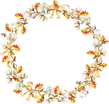 Autumn Christmas wreath with cotton flowers, maple leaves, pinecones, and golden ribbon bow isolated on white background
