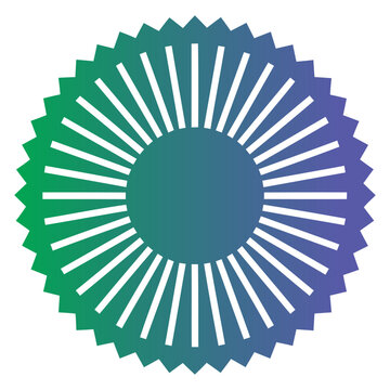 Circular badge with serrated edge and radial stripes on transparent background