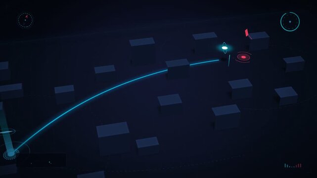 Cinematic drone navigation simulation displaying pathfinding on a dark futuristic map with glowing holographic indicators and radar elements, symbolizing strategic planning, digital warfare