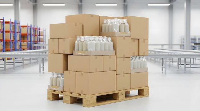 Stacked Cardboard Boxes and White Plastic Bottles on Wooden Pallet in Modern Warehouse