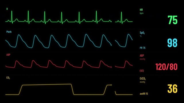 Patient monitor vital signs ECG SpO2 blood pressure and CO2 loop