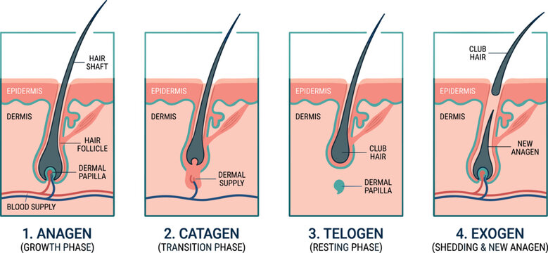 Medical hair growth cycle infographic vector diagram showcasing the sequential four main stages including anagen growth catagen transition telogen resting and exogen shedding phases