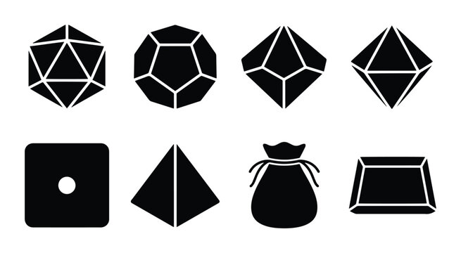 Dice and gaming accessories set with d20, d10, d8, d4 and bag icons for tabletop games