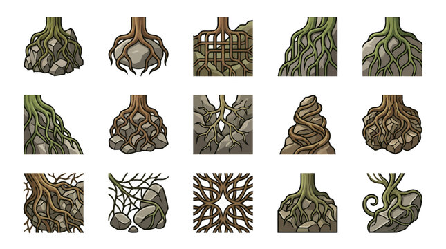 Minimalist set of four tree root icons arranged in a grid pattern, featuring stylized organic branching structures representing stability, growth, and environmental foundations.
