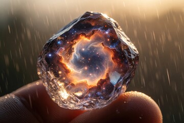 Fototapeta premium Hand holds glowing crystal stone containing cosmic nebula galaxy. Shining gemstone with swirling stars, orange fire clouds inside. Magical space gem glitters under rain drops. Person holds mysterious