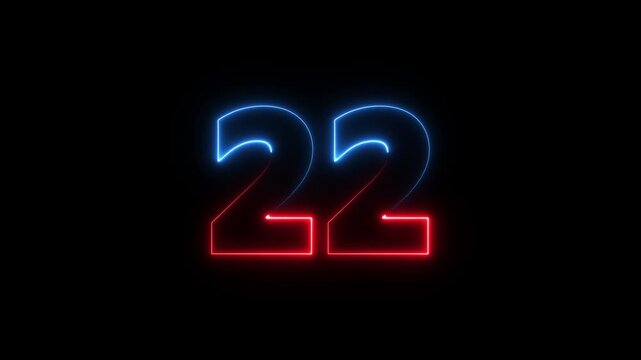 flickering neon number 22 on black background. abstract neon text 22 number countdown timer, glowing neon text number countdown icon background 4k video