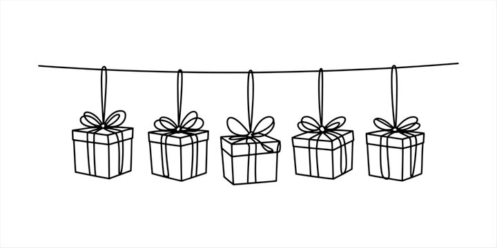 Five hand drawn gift boxes hanging on a string line as a festive holiday garland decoration for christmas or birthday party celebration greeting card design