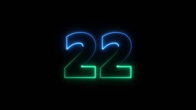 flickering neon number 22 on black background. abstract neon text 22 number countdown timer, glowing neon text number countdown icon background 4k video