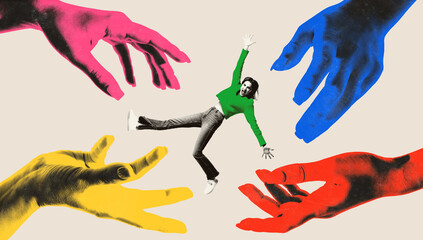 Young man balancing between oversized colorful hands in beige collage with animated energy. Team...