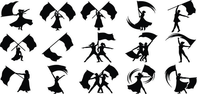 Color Guard Silhouette Icon Collection Marching Band Flag Performers Vector Illustration Black Set