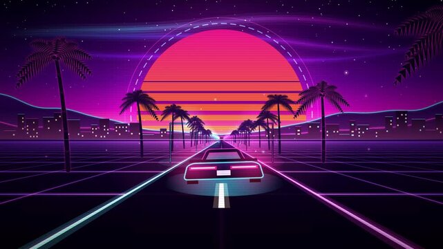 Retro Synthwave Sunset Drive with Palm Trees and Cityscape in Neon Grid