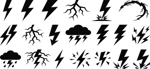 Fototapeta premium Lightning Bolt Silhouette Icon Collection Flash Thunder Storm Energy Vector Illustration Black Set