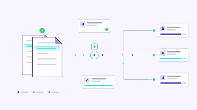 Seamless 4K looping animation showing a invoice matching document reconciliation presented as a converging flow. Flat vector icons, UI cards and animated connector lines move across a clean light back