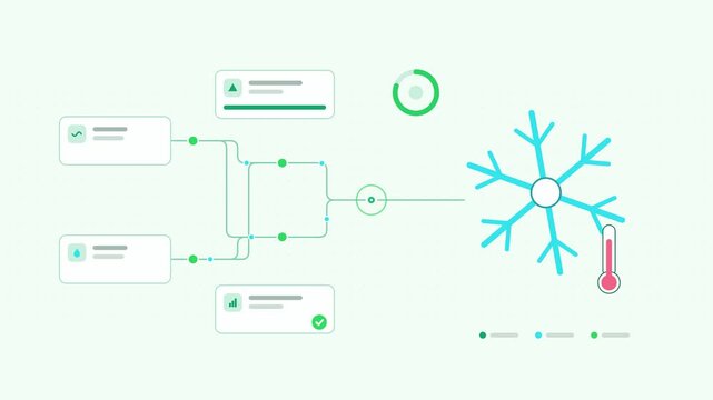 Seamless 4K looping animation showing a snowmelt monitoring runoff forecast presented as a node network. Flat vector icons, UI cards and animated connector lines move across a clean light background i
