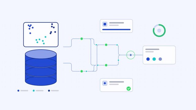 Animated vector database indexing embedding visualised as a node network in a modern flat vector style. Smooth looping 4K motion graphic with soft blue and azure colours, floating interface cards and 